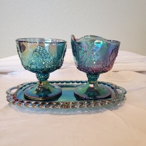 Vintage Indiana blue carnival glass 'Harvest' pattern - creamer, sugar, and tray